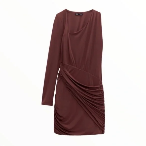 NWT Zara Asymetrical Long Sleeve Brown Dress - Picture 3 of 6